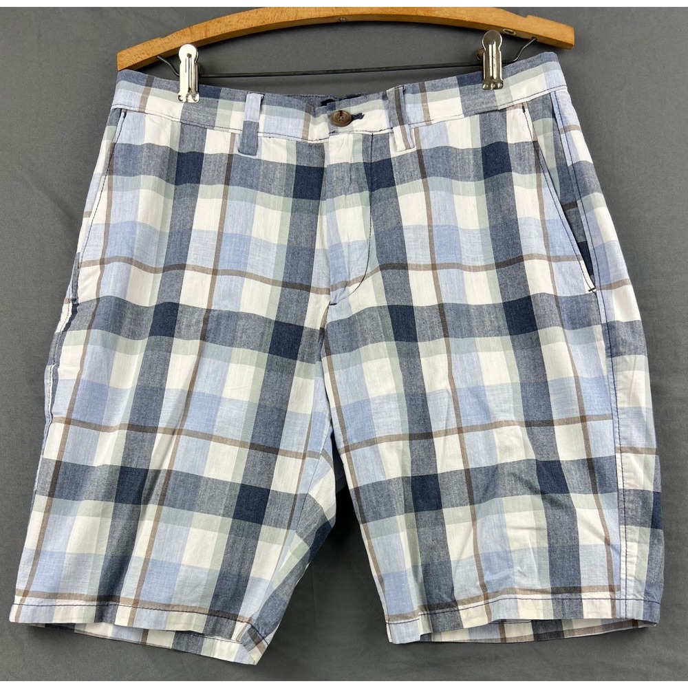 Banana Republic Aiden Short Mens 31 Plaid Blue White Cotton Casual Excellent
